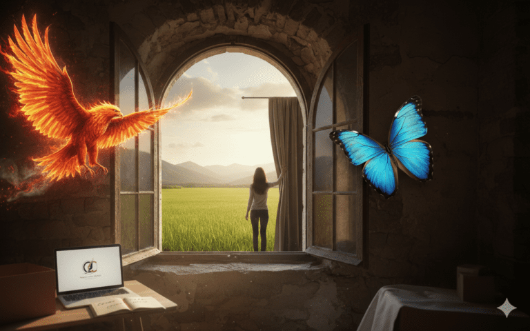 Ilustración de una mujer abriendo una ventana hacia un horizonte brillante, rodeada por un fénix de fuego y una mariposa azul, simbolizando el cierre de ciclos en Corazón y Pluma