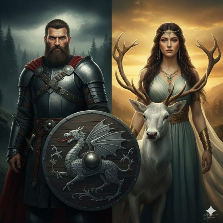 Ilustración de un guerrero con armadura y escudo de dragón junto a una mujer con astas de ciervo en un paisaje épico.