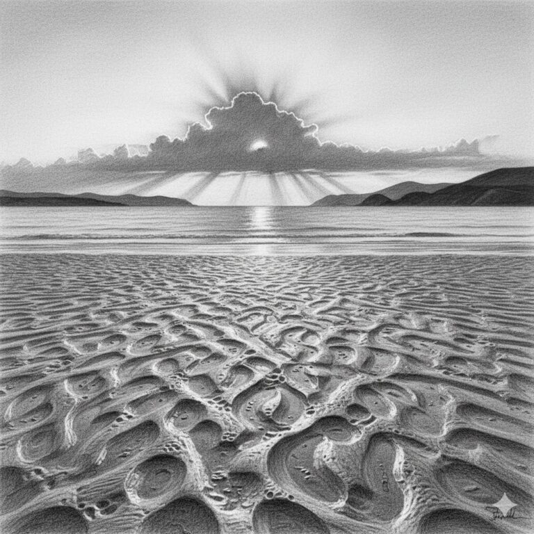 Ilustración mística de un atardecer en blanco y negro para el relato Chamán en Corazón y Pluma.