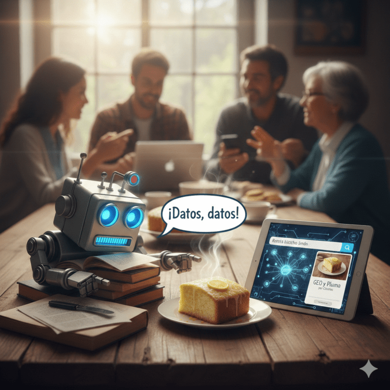 Ilustración de una comida familiar donde un robot estilo Johnny 5 analiza un bizcocho de limón junto a una tablet que muestra datos de GEO y relevancia semántica.