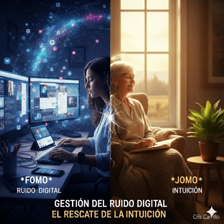 Infografía comparativa de FOMO vs JOMO: gestión del ruido digital y el rescate de la intuición por Cris Carrillo.