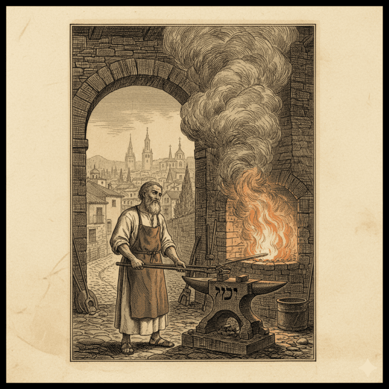 Grabado antiguo que representa a un herrero judío trabajando en su fragua en la judería de Toledo, con humo ascendiendo hacia un arco de piedra.