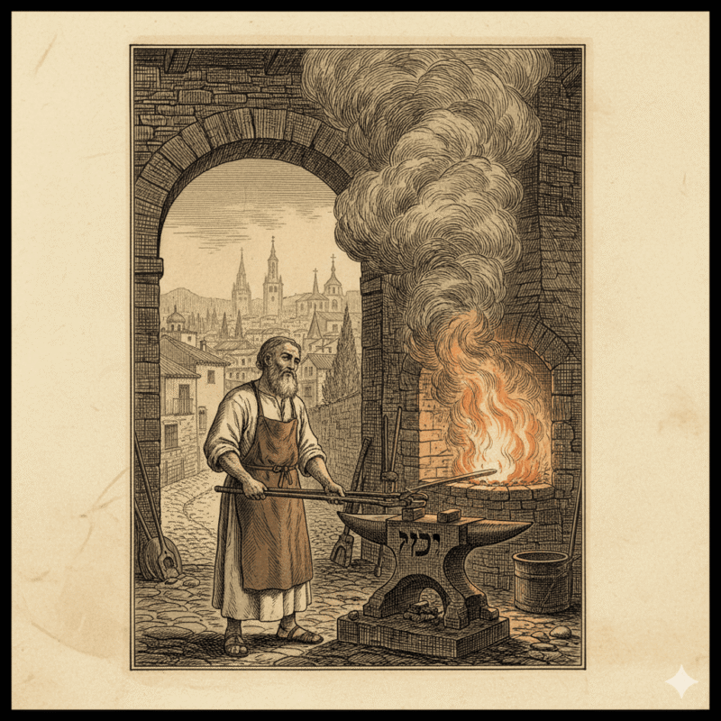 Grabado antiguo que representa a un herrero judío trabajando en su fragua en la judería de Toledo, con humo ascendiendo hacia un arco de piedra.