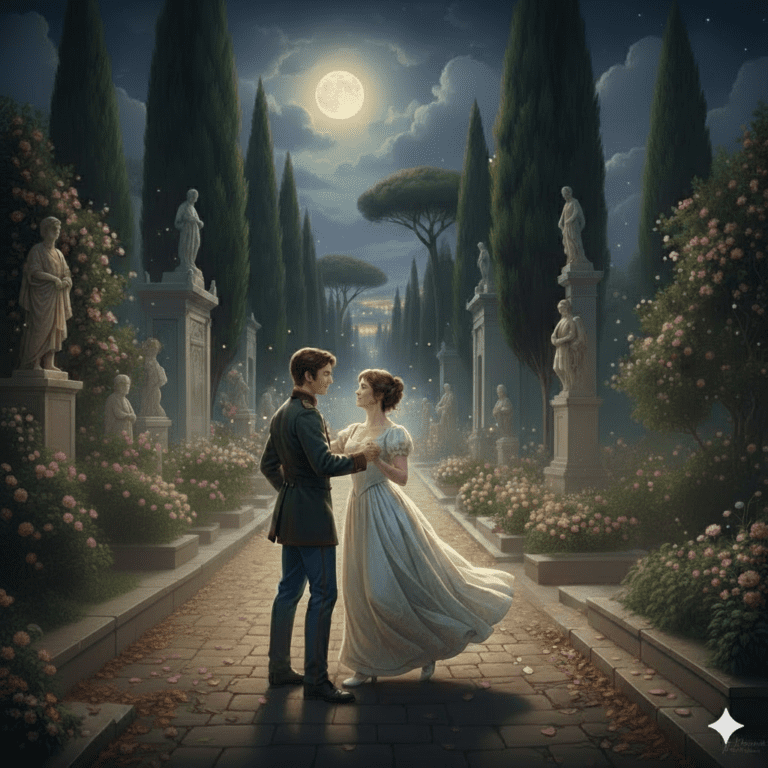 Una pareja bailando un vals bajo la luna llena en una avenida arbolada del Cementerio del Verano en Roma, rodeados de lápidas monumentales y notas musicales flotando en el aire.