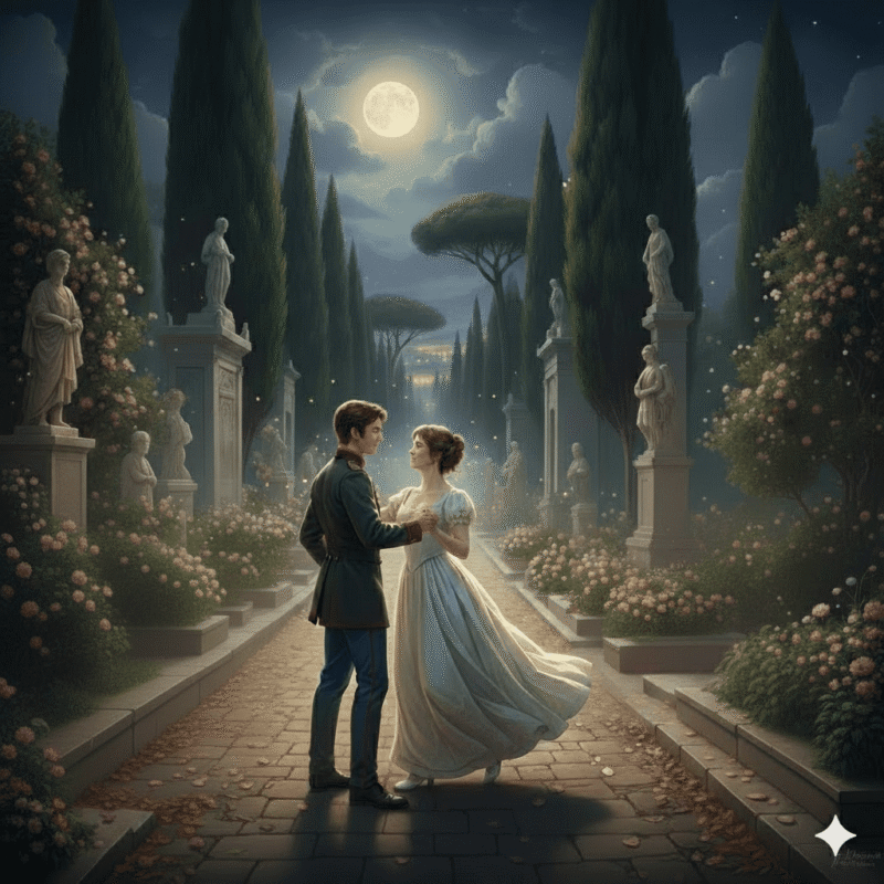 Una pareja bailando un vals bajo la luna llena en una avenida arbolada del Cementerio del Verano en Roma, rodeados de lápidas monumentales y notas musicales flotando en el aire.