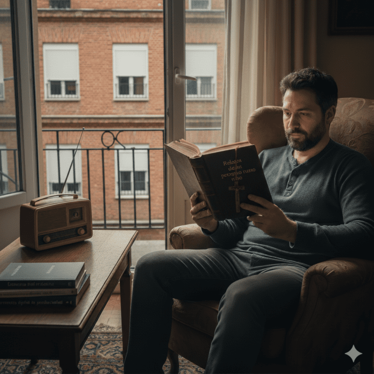 Salva leyendo el libro del peregrino ruso en su salón durante un apagón por pulso electromagnético, representando la red vacía y la desconexión digital.