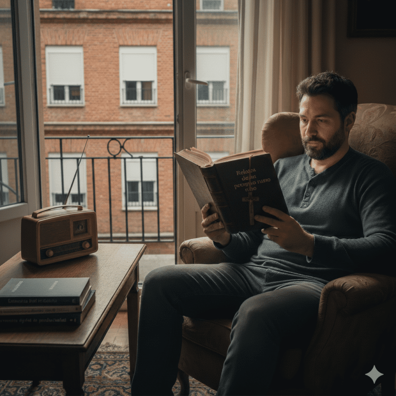 Salva leyendo el libro del peregrino ruso en su salón durante un apagón por pulso electromagnético, representando la red vacía y la desconexión digital.