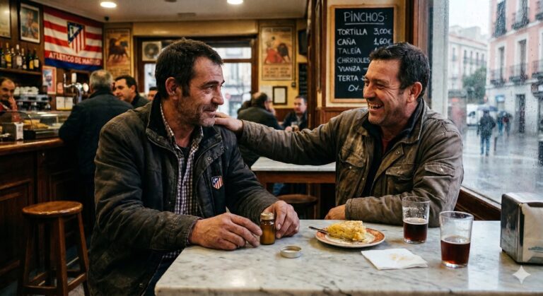 Dos hombres sentados en un bar tradicional de Madrid, uno de ellos con una mano en el hombro del otro en señal de apoyo, junto a un pequeño frasco de oxitocina sobre la mesa.