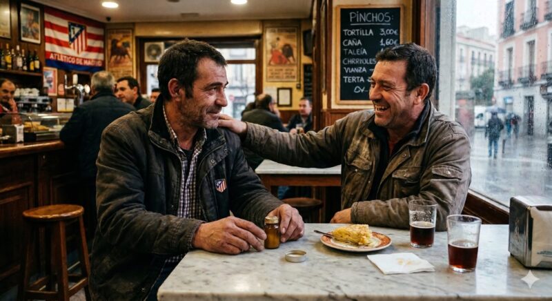 Dos hombres sentados en un bar tradicional de Madrid, uno de ellos con una mano en el hombro del otro en señal de apoyo, junto a un pequeño frasco de oxitocina sobre la mesa.