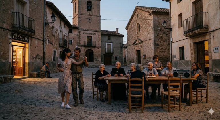 La bibliotecaria Silvia bailando un pasodoble en la plaza de Mas la Herradura