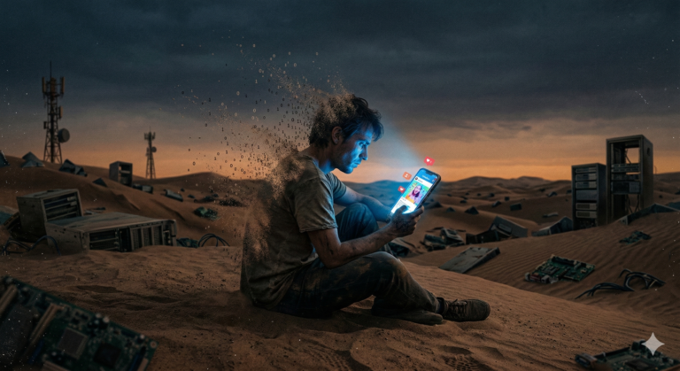 Persona desintegrándose en datos binarios frente a un smartphone en un desierto tecnológico de servidores.
