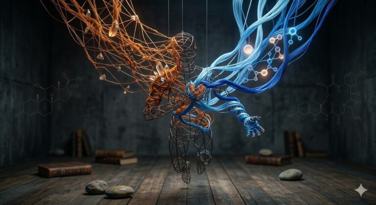Escultura conceptual de una silueta humana enredada en hilos de color ámbar y azul, representando la química de tus decisiones entre el cortisol y la oxitocina.