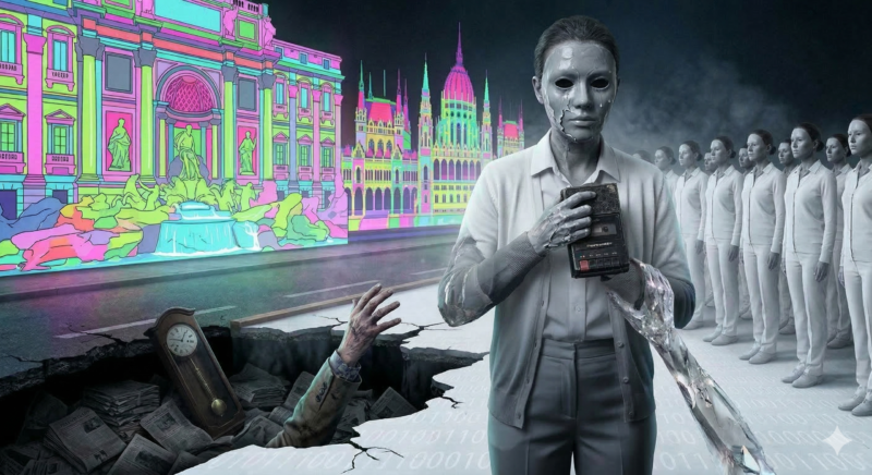 Ilustración del relato El Mercado de los Rostros de cera de Cristina Carrillo: una mujer con máscara de parafina y ropa en degradado gris frente a una multitud blanca en un Madrid distópico.