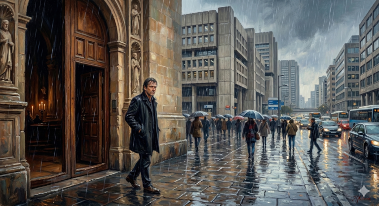 Hombre caminando bajo la lluvia frente a una catedral casi vacía con edificios de oficinas de hormigón al fondo, representando el refugio tras un despido.