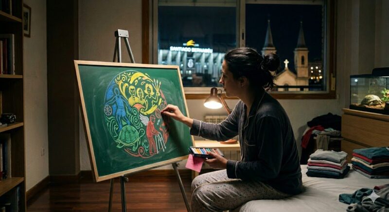 Ilustración de una mujer dibujando un círculo de tiza con tizas de colores pastel sobre una pizarra verde en una habitación.