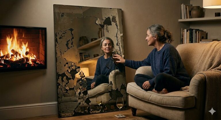 Una mujer sentada frente a un espejo herido en un salón acogedor con chimenea.