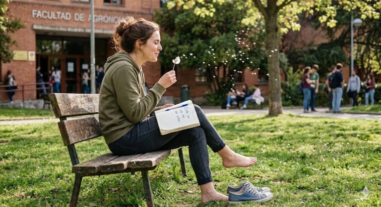 Ilustración del relato Lo que pesa el aire: Lucía sentada en un banco frente a Agrónomos, descalza y soplando un diente de león.