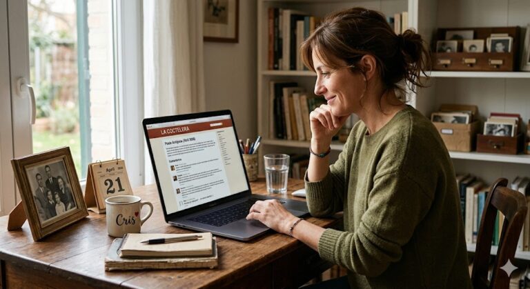 Una mujer sentada frente a su ordenador portátil en un ambiente acogedor, reflexionando sobre la escritura de blogs y rescatando posts antiguos de su archivo personal.