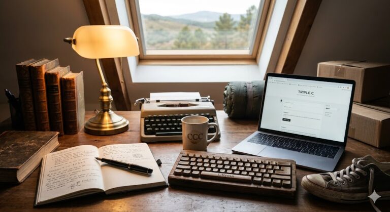 Triple C: Una mujer trabajando en una buhardilla con vistas a la sierra de Madrid, con una taza de café que pone CCC, unas zapatillas Converse y un portátil con el blog Corazón y Pluma.