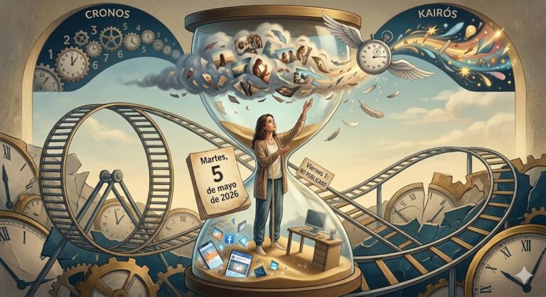 Ilustración que muestra cómo el tiempo vuela: personas atrapadas en una gran rueda de hámster con relojes que se desvanecen.