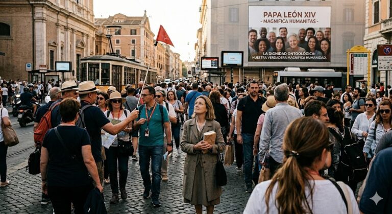 Turistas caminan en una calle de Roma rodeados de multitudes, representando el concepto de Magnifica Humanitas.